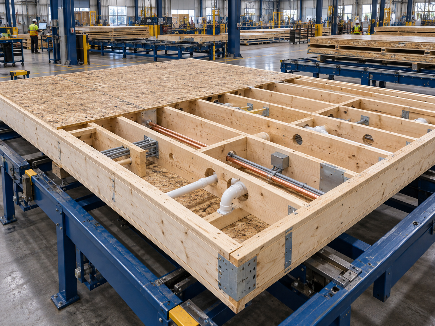 Conceptual floor cassette with structural framing on a production line