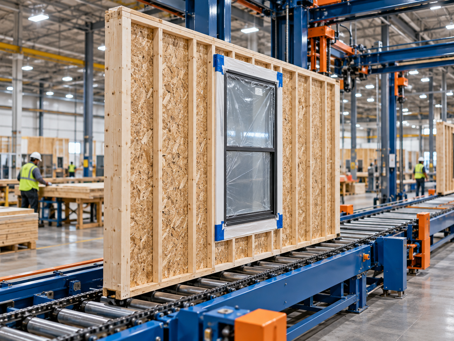 Conceptual wall panel with protected window on a manufacturing line